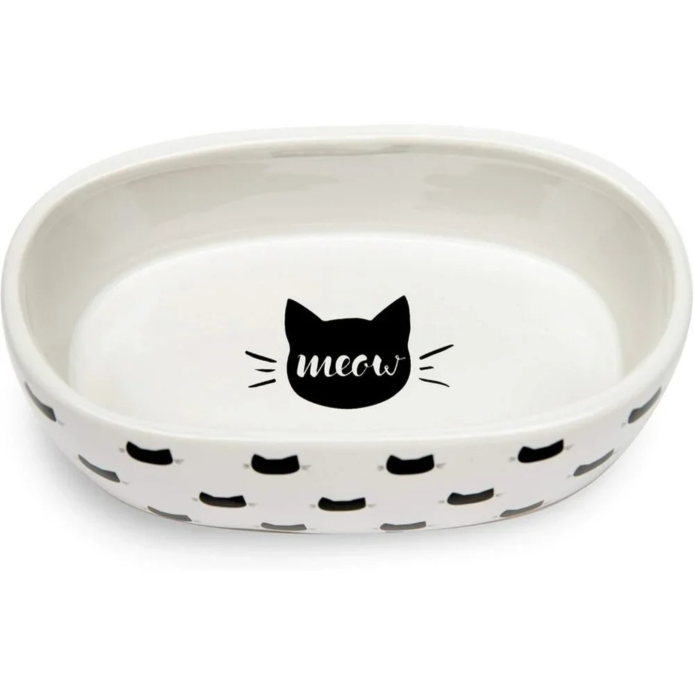 Food or Water Oval White with Black Cat Dish 5.5